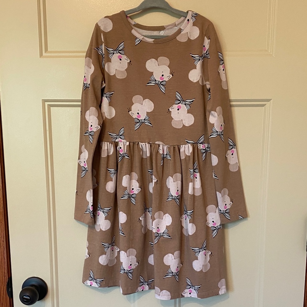 Adorable Cotton Brown Mouse Print Kids Dress